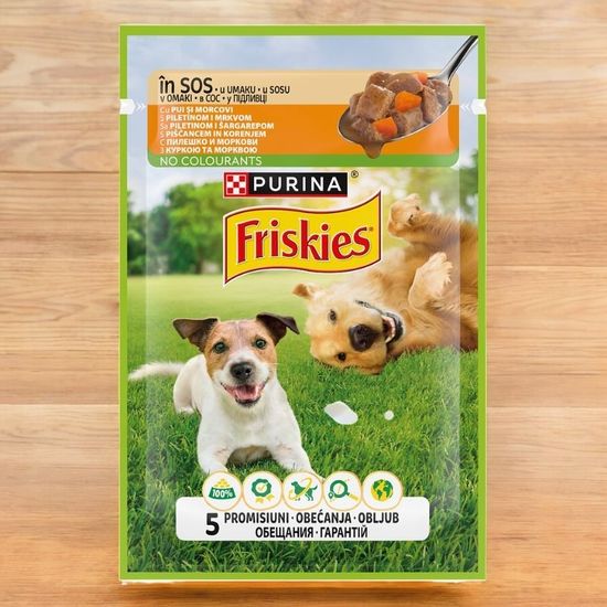 Hrana umeda FRISKIES Adult pentru caini, pui, morcov, 85 g